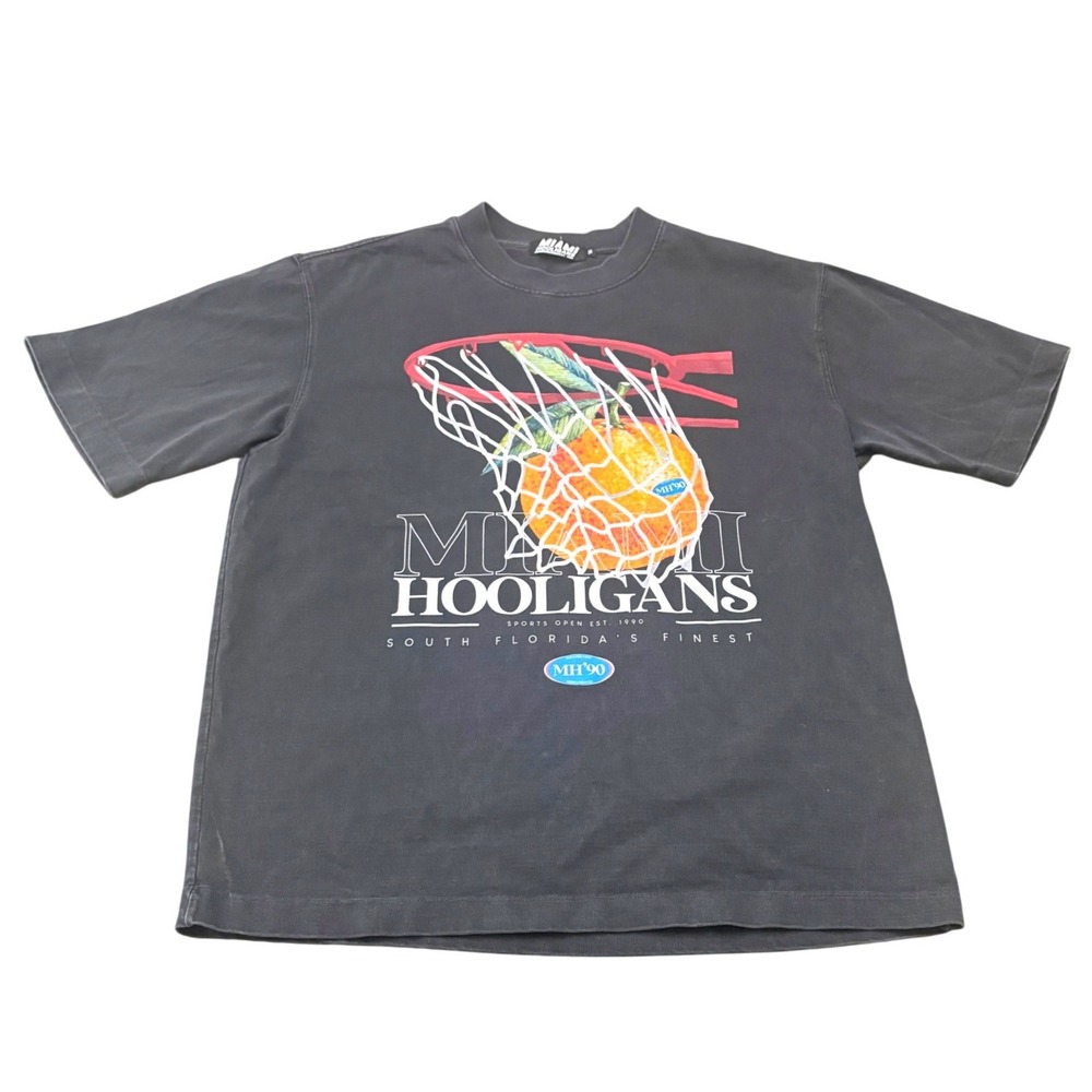 Miami Hooligans Graphic T Shirt Mens M Black Orange Basketball Net Streetwear